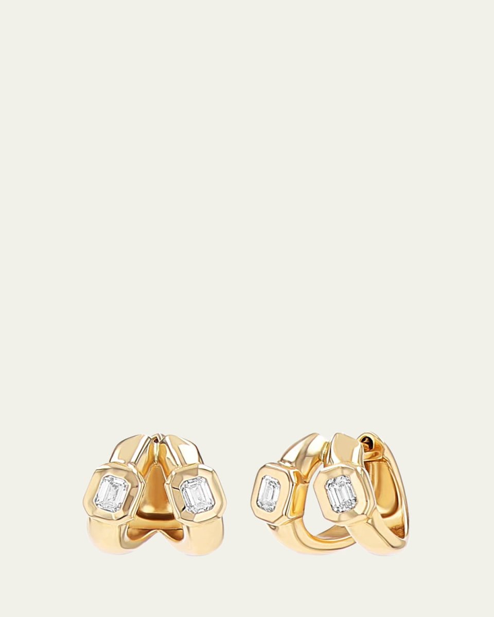 14K Yellow Gold Diamond Bezel Double Huggie Hoop Earrings
